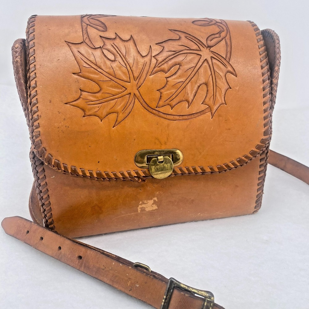Vintage Brown Leather Embossed Maple Leaf Purse Boho Crossbody Handbag USA